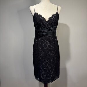 Anne Klein 8P Black Lace Cocktail Sheath Dress Satin Wrap Waist Spaghetti Strap